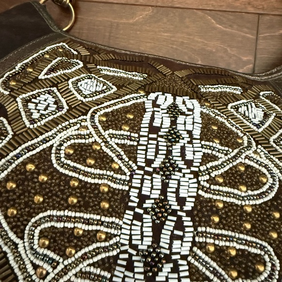 Isabella Fiore Anna Beaded Shoulder Bag Bronze Metallic Leather Boho Hobo - Picture 10 of 11
